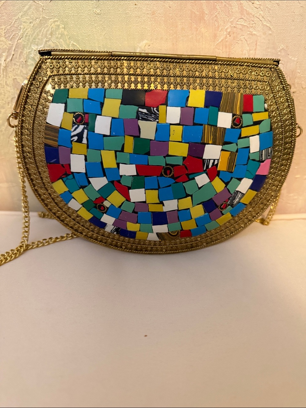 Ramla Kimy’s Metal Gold Mosaic Half-Moon Crossbody Bag - Multicolor Accent Good - Picture 4 of 11